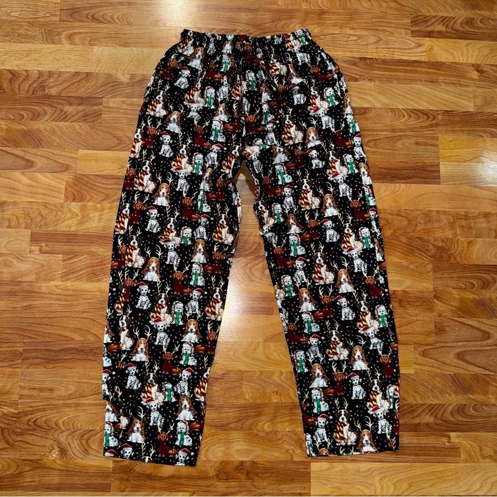 Vtg Cute Puppies Wearing Antlers All Over Print Christmas Pants Women’s Size M